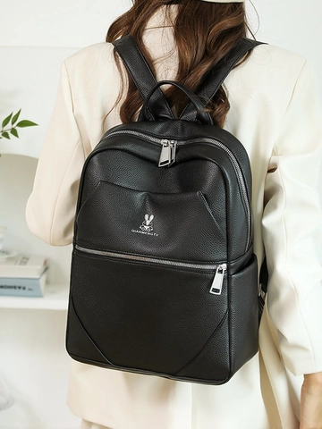 Women Fashion PU Leather Backpack Large Capacity Rabbit Logo Travel Bag Casual Solid Color Lychee Pattern School Rucksack
