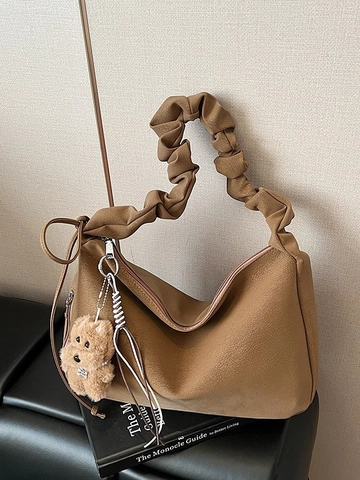Large Capacity Women PU Leather Underarm Bag Ruched Shoulder Strap Retro Frosted Tote Bag With Plush Charm Commute Handbag