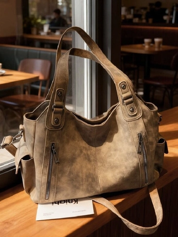 Borsa Tote da Donna di Grande Capacità Retro in Pelle PU Borsa a Tracolla Casual Crossbody Con Cerniera Tasche Multiple Giornaliera
