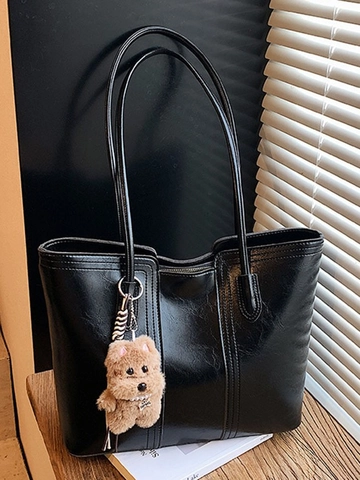 Borsa Tote da Donna in Pelle PU di Grande Capacità Borsa a Tracolla Casual Vintage Con Ciondolo in Peluche per Ufficio