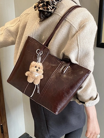 Borsa Tote da Donna in Pelle PU di Grande Capacità Borsa a Tracolla Casual Vintage Con Ciondolo in Peluche per Ufficio