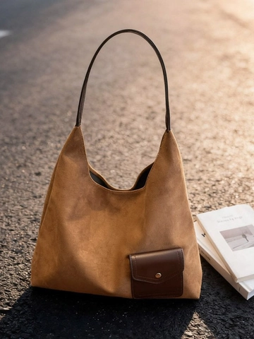 Vintage Frosted PU Leather Large Tote Bag Women Retro Shoulder Bag With External Pocket Metal Buckle Commuter Handbag