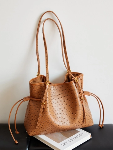 Borsa Tote da Donna in Pelle PU con Trama di Struzzo Grande Capacità Borsa a Tracolla Pendolare con Coulisse Regolabile