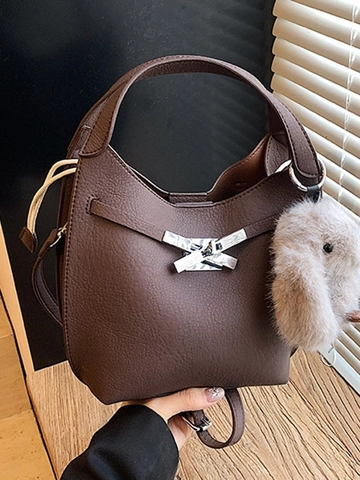 Vintage Litchi PU Leather Bucket Bag For Women With Bow Buckle And Plush Rabbit Pendant Commuting Handbag Crossbody Bag
