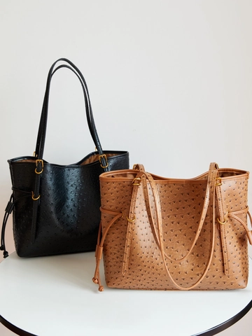 Borsa Tote da Donna in Pelle PU con Trama di Struzzo Grande Capacità Borsa a Tracolla Pendolare con Coulisse Regolabile