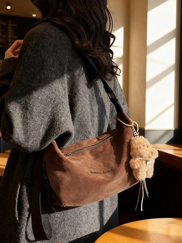 Retro PU Leather Dumpling Bag For Women Large Capacity Shoulder Bag With Plush Bear Charm Casual Hobo Crossbody Bag