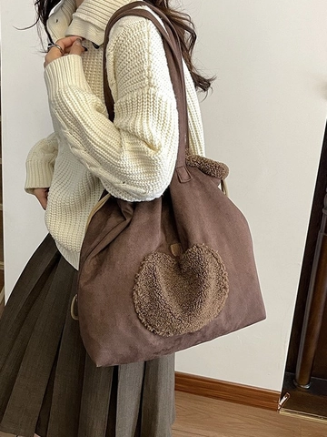 Borsa Tote in Finta Scamosciata di Grande Capacità Donna Vintage Patchwork in Pile Sherpa Borsa a Tracolla Casual con Coulisse