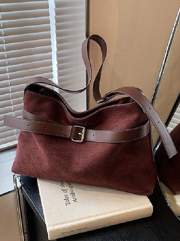 Borsa Tote da Donna di Grande Capacità Borsa a Tracolla Retro in PU Texture Scamosciata Con Fibbia alla Moda Pendolare
