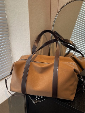 Women Large Capacity PU Leather Travel Bag Waterproof Contrast Stitching Weekend Duffle Shoulder Bag Crossbody Casual Tote