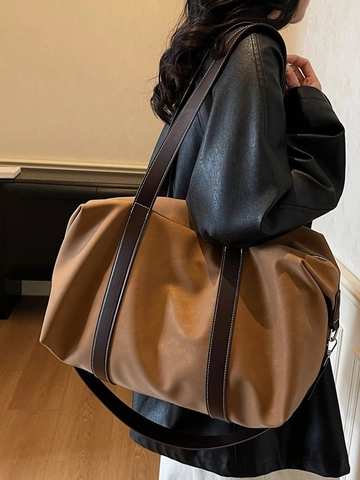 Women Large Capacity PU Leather Travel Bag Waterproof Contrast Stitching Weekend Duffle Shoulder Bag Crossbody Casual Tote