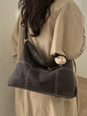 Retro PU Leder Grote Capaciteit Tote Bag Voor Dames Met Contraststiksel Vintage Schoudertas Casual Woon Werkverkeer Handtas