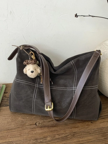 Retro PU Leder Grote Capaciteit Tote Bag Voor Dames Met Contraststiksel Vintage Schoudertas Casual Woon Werkverkeer Handtas