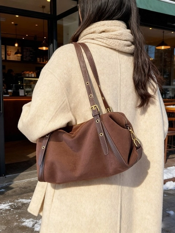 Sac à Épaule Vintage en Cuir PU Givré Grande Capacité Rétro Surpiqué Sac Boston Sous les Aisselles Femme Sac de Ville