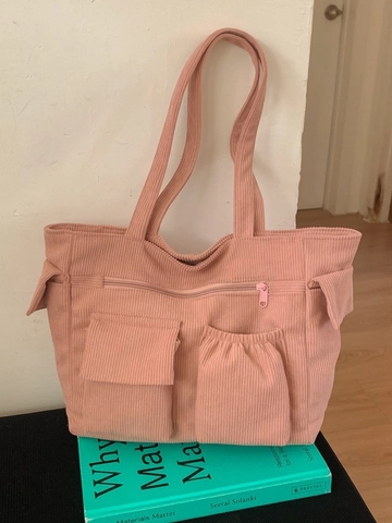 Borsa Tote in Velluto a Coste Donna Grande Capacità Multitasche Retrò Minimalista Borsa a Tracolla per Lavoro Scuola Quotidiano