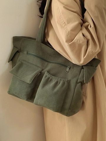 Borsa Tote in Velluto a Coste Donna Grande Capacità Multitasche Retrò Minimalista Borsa a Tracolla per Lavoro Scuola Quotidiano