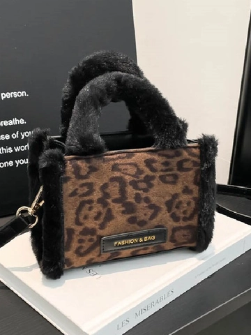 Fashion Women Leopard Print PU Leather Shoulder Bag Artificial Fur Trim Small Square Crossbody Bag Commute Tote Winter Purse