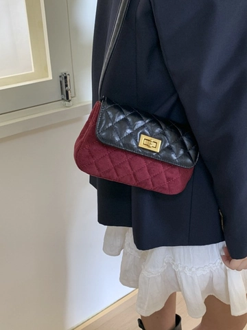 Women Vintage Quilted Rhombic Crossbody Bag PU Leather Suede Patchwork Small Square Bag With Gold Metal Lock Contrast Bag