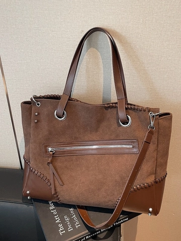 Vintage Suede PU Leather Large Capacity Tote Bag For Women Retro Contrast Color Stitching Shoulder Crossbody Handbag Work