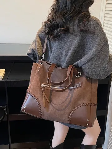 Vintage Suede PU Leather Large Capacity Tote Bag For Women Retro Contrast Color Stitching Shoulder Crossbody Handbag Work
