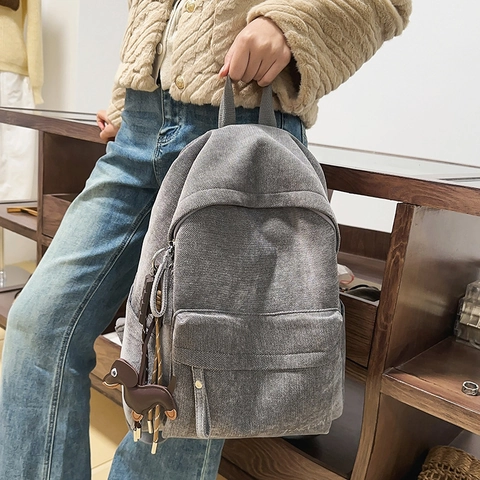 Damen Mode Flanell Rucksack Casual Große Kapazität Preppy Style Schultasche Für Studenten Mit Tieranhänger