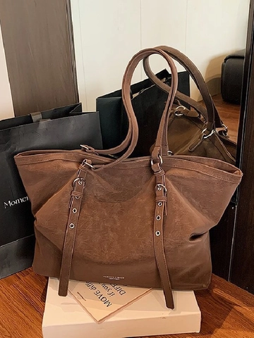 Vintage PU Leather Large Capacity Tote Bag For Women Retro Commuter Shoulder Bag Simple Solid Color Casual Handbag Office Work Travel Bag
