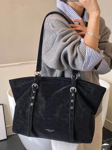 Vintage PU Leather Large Capacity Tote Bag For Women Retro Commuter Shoulder Bag Simple Solid Color Casual Handbag Office Work Travel Bag