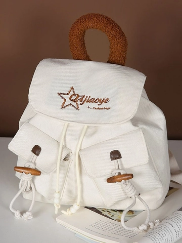 Zaino in Velluto a Coste da Donna Con Manico in Peluche Ricamo a Stella Vintage Bottone ad Alamaro Scuola Viaggio