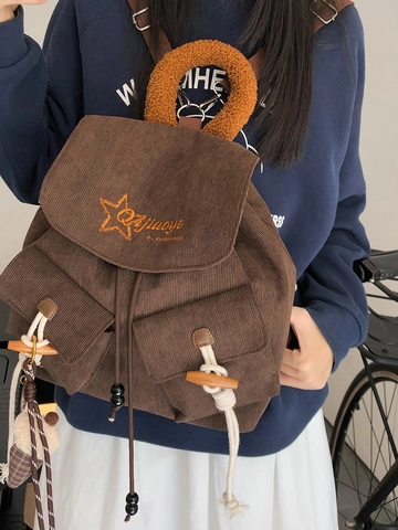 Zaino in Velluto a Coste da Donna Con Manico in Peluche Ricamo a Stella Vintage Bottone ad Alamaro Scuola Viaggio
