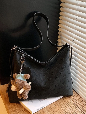 Bolso Tote Retro de Gran Capacidad para Mujer Cuero PU con Monograma en Relieve Bolso de Hombro Moda Conmutadora Con Colgante de Oso de Peluche