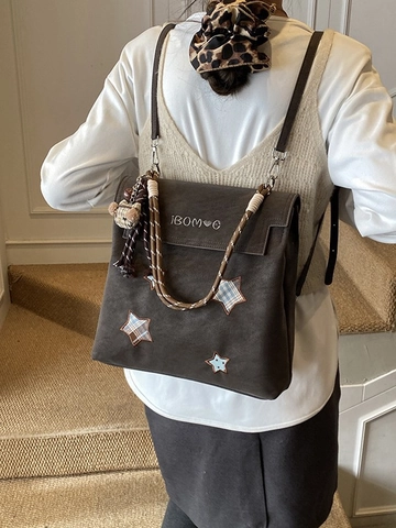 Women Retro Star Applique PU Leather Backpack Large Capacity Fashion Commuter Shoulder Bag With Bear Charm For Daily School Travel