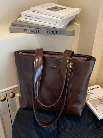 Women Large Capacity PU Leather Tote Bag Vintage Commuter Shoulder Bag High-End Retro Shopping Bag Solid Color Handbag
