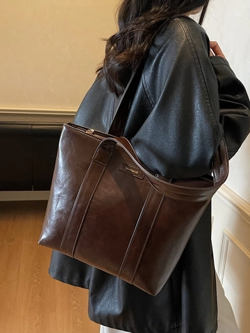 Women Large Capacity PU Leather Tote Bag Vintage Commuter Shoulder Bag High-End Retro Shopping Bag Solid Color Handbag