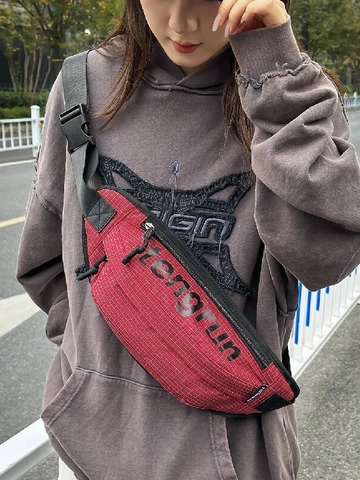 Unisex Nylon Grid Pattern Chest Bag Water Resistant Outdoor Sports Commuter Waist Pack Fashion Letter Print Sling Shoulder Bag