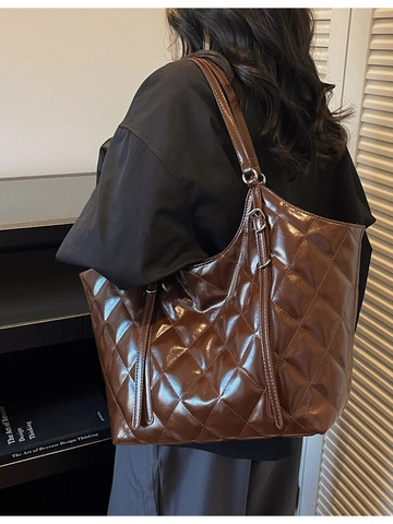 Große Kapazität Gesteppte Tragetasche Glänzendes PU Leder Umhängetasche Für Damen Mode Klassisch Glänzende Pendler Handtasche Mit Magnetverschluss