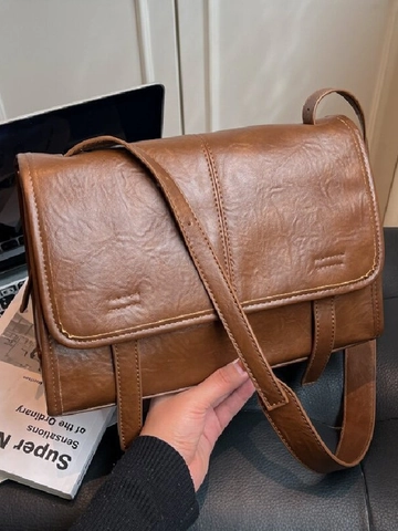 Vintage PU Leather Square Shoulder Bag For Women Fashion Textured Crossbody Bag Solid Color Commuter Messenger Bag