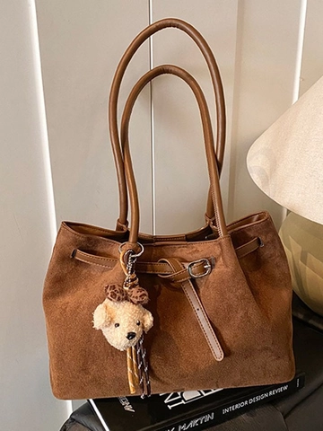 Retro Women Commuter Tote Bag Large Capacity PU Leather Shoulder Bag Casual Shopping Bag With Bear Pendant Decoration