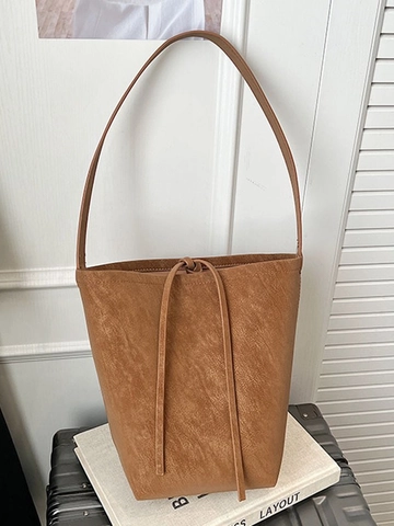 Vintage Große Kapazität Damen Eimertasche PU Leder Kordelzug Umhängetasche Für Den Täglichen Pendelverkehr
