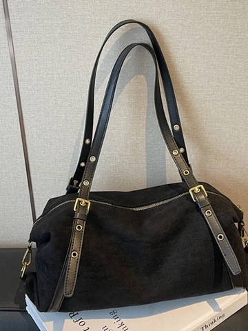 Women Vintage PU Leather Shoulder Bag Large Capacity Commuter Boston Bag Adjustable Metal Grommet Straps Minimalist Retro Bag