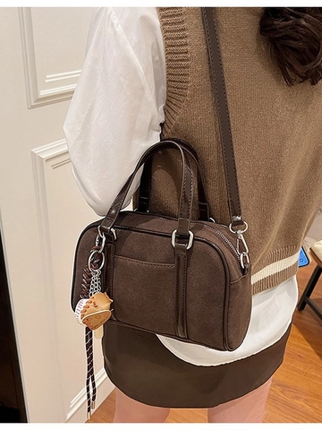 Damen Wildleder Boston Tasche Retro Kleine Handtasche Lässige Umhängetasche Mit Baseball Anhänger Mode Kissentasche