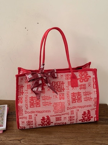 Borsa Tote in Tela Ricamata con Doppia Felicità Stile Cinese Grande Capacità Borsa a Tracolla da Sposa per Donna Borsa a Mano Festiva