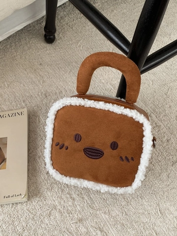 Women Autumn Winter Plush Small Square Bag Vintage PU Leather Crossbody Bag Cute Cartoon Bear Face Handbag Versatile Shoulder Bag