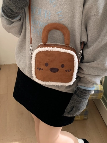Women Autumn Winter Plush Small Square Bag Vintage PU Leather Crossbody Bag Cute Cartoon Bear Face Handbag Versatile Shoulder Bag
