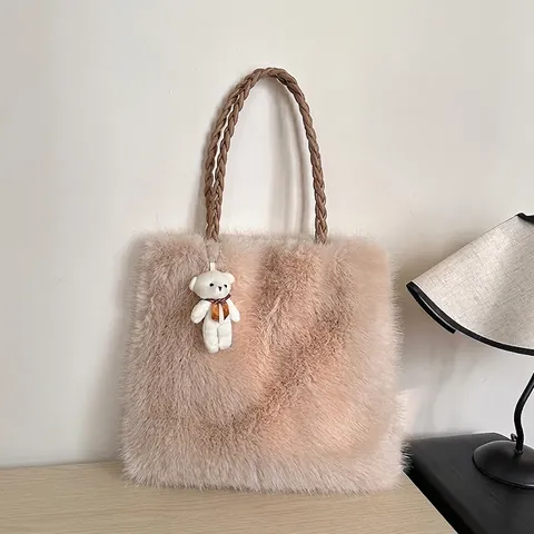 Damen Große Kapazität Kunstpelz Shopper Tasche Lässige Plüsch Umhängetasche Mit Bärenanhänger Weiche Samt Winter Handtasche Plüschgriff Tasche