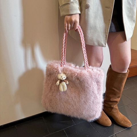 Damen Große Kapazität Kunstpelz Shopper Tasche Lässige Plüsch Umhängetasche Mit Bärenanhänger Weiche Samt Winter Handtasche Plüschgriff Tasche