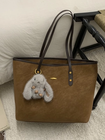 Borsa Tote Donna in Pelle PU Grande Capacità Retro Minimalista Borsa a Spalla da Pendolare Con Ciondolo Coniglietto Peluche