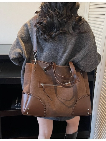 Damen Vintage Große Kapazität Tragetasche Wildleder PU Leder Patchwork Schultertasche Mit Webnaht Lässige Handtasche