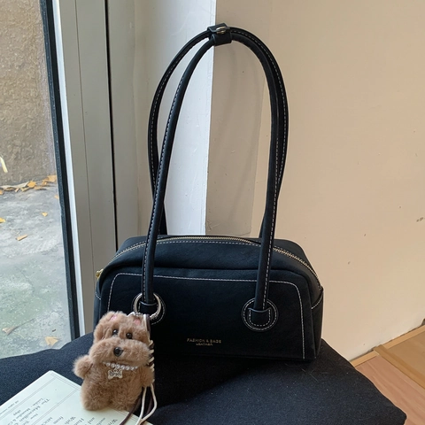 Women Retro PU Leather Underarm Bag With White Contrast Stitching Minimalist Boston Shoulder Bag With Plush Dog Charm