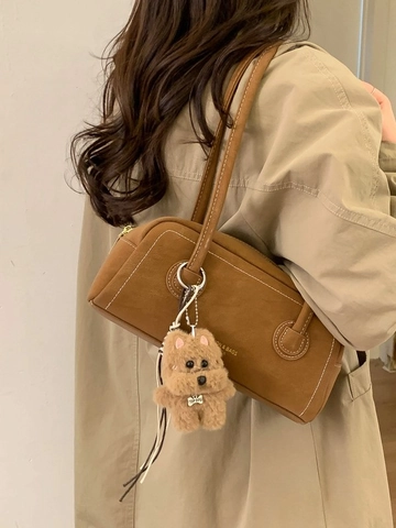 Borsa Sottobraccio in Pelle PU Retro per Donna Eleganti Cuciture a Contrasto Borsa a Spalla Minimalista Con Pendaglio Cane di Peluche