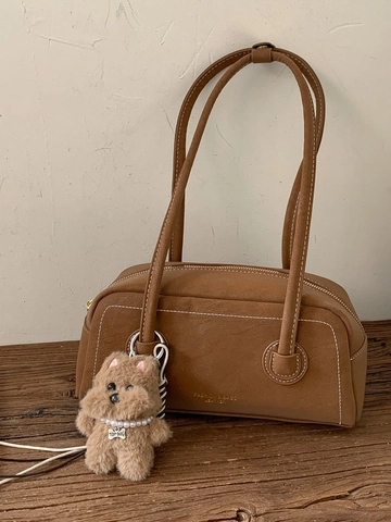 Borsa Sottobraccio in Pelle PU Retro per Donna Eleganti Cuciture a Contrasto Borsa a Spalla Minimalista Con Pendaglio Cane di Peluche