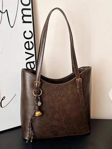 Bolso Tote Retro de Cuero PU para Mujer Gran Capacidad Minimalista Casual Bolso de Hombro Con Colgante Color Sólido